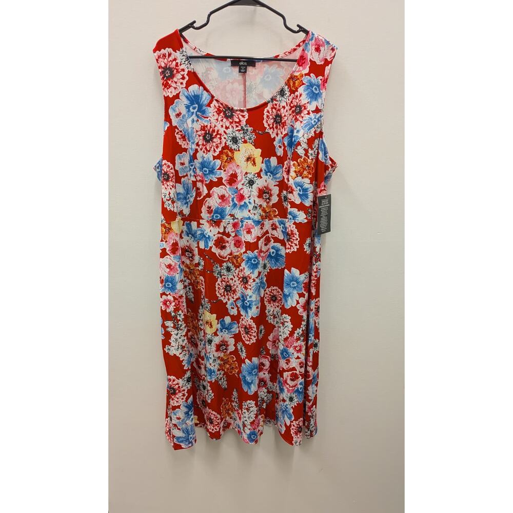 ellos Red Floral Dress 1X Sleeveless Knee Length Plus Size Summer Dress